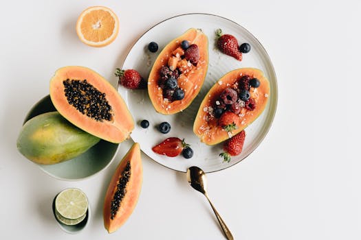 colorful breakfast plate with fruits and grains